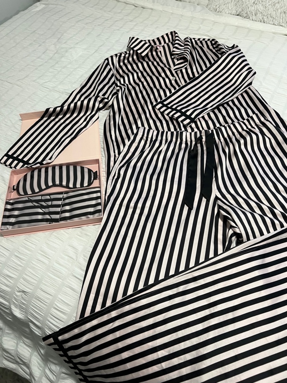 Victoria's Secret Black/White Striped Satin Pajama Set with Eye Mask/Pillowcase